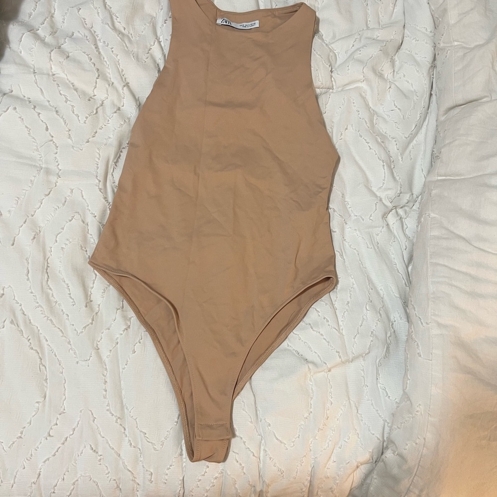 Zara Small Tan/Camel Bodysuit One Piece High Neck Sleeveless